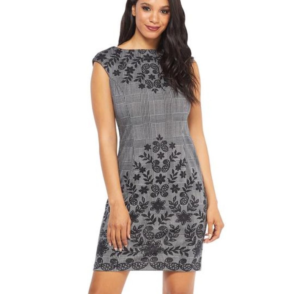 London Times Floral Filigree Plaid Dress